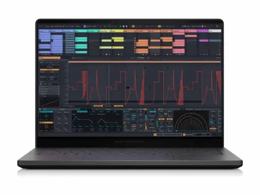 Un laptop ROG Zephyrus affiche un logiciel de production musicale avec des pistes audio et des formes d'onde complexes.