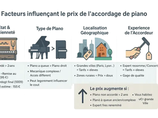 Facteurs influençant le prix de l'accordage de piano : état, type, localisation et expérience de l'accordeur. Le prix augmente si le piano est ancien ou à queue.