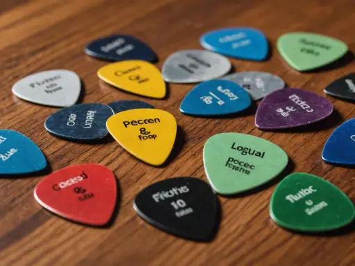 Un assortiment de médiators de guitare de différentes couleurs, chacun portant un nom ou un chiffre. Un médiator triangle jaune avec "Pecren & foop" est au centre.