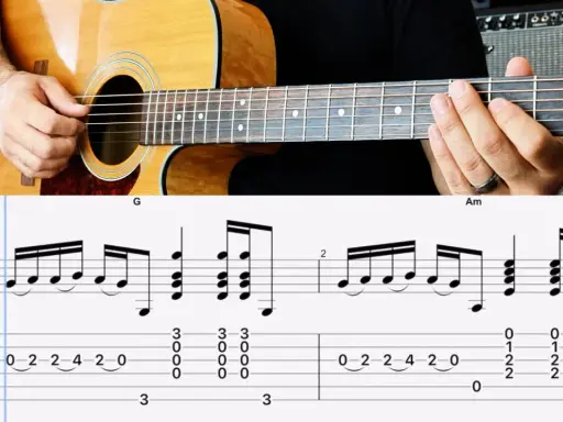 Un guitariste joue un riff guitare entraînant, avec la partition et la tablature affichées.