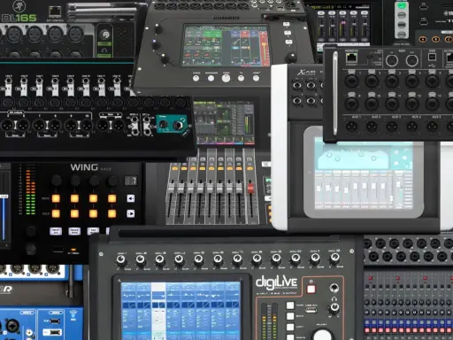 Une collection de consoles de mixage numériques et d'interfaces audio, dont une table de mixage virtuelle affichée sur une tablette.