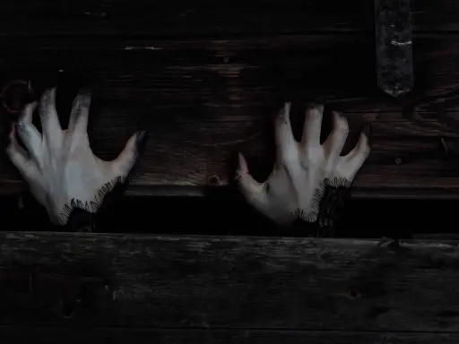 Mains pâles aux doigts noircis sortant d'une caisse en bois sombre, évoquant une musique qui fait peur au piano.