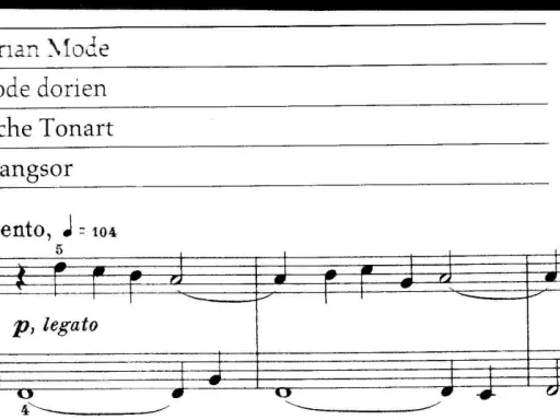 Partition musicale indiquant le mode dorien. Une mélodie douce et liée commence, jouée en tempo Lento.