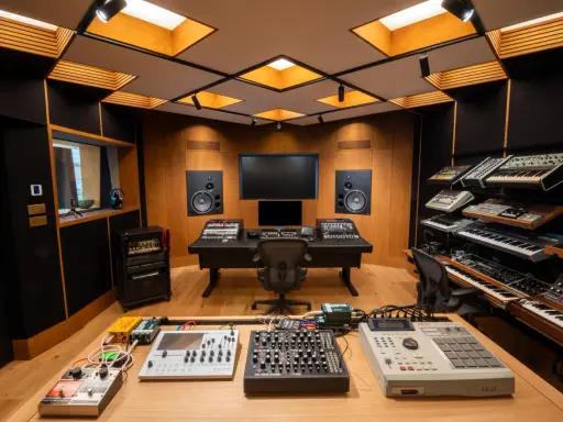 Studio d'enregistrement avec synthétiseurs, une Akai MPC 2000XL, et des pédales d'effets, prêt à faire revivre le son du daw reaper.