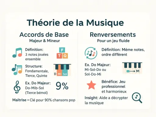 Théorie musicale : accords de base et renversements, avec un exemple de Do Majeur au piano.