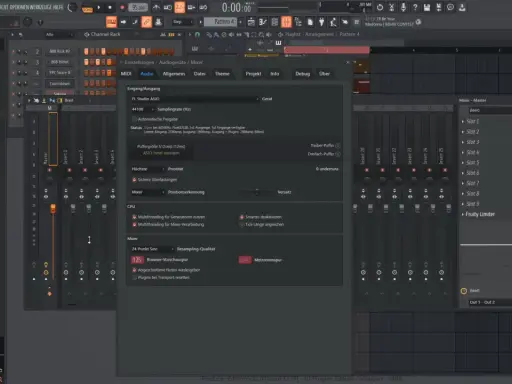 Interface FL Studio avec la fenêtre des paramètres audio ouverte, affichant les options du mixeur et les pistes.