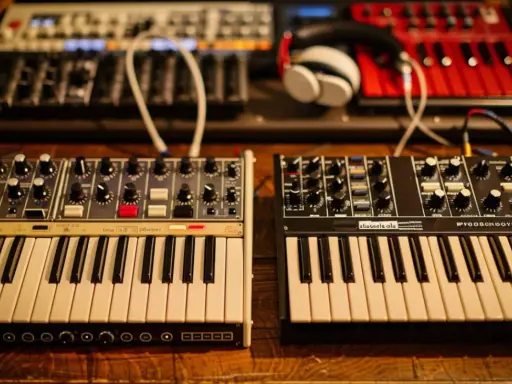 Deux synthétiseurs, l'un blanc et l'autre noir, sont alignés. Leurs claviers et boutons invitent à explorer les mondes analogique et numérique de la musique.