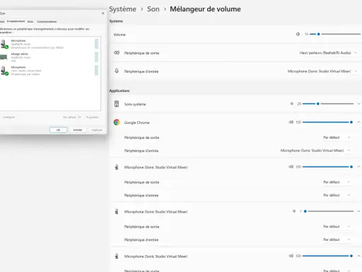 Fenêtre du mélangeur de volume de Windows 11, ajustant le mixage stéréo et les périphériques d'entrée/sortie pour les applications.