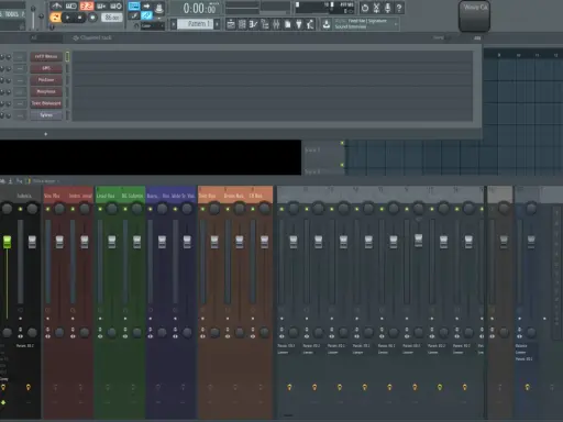 Interface de FL Studio pour un tuto : vue du mixeur avec des pistes nommées (Submix, Vox Mix, etc.) et des plugins.