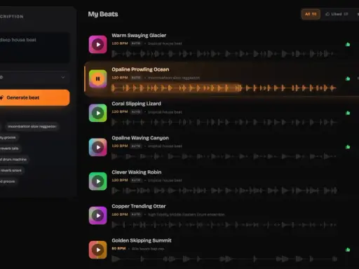 Interface de création musicale affichant des "paternes" de rythmes, avec des options pour générer de nouveaux sons et une liste de créations existantes.