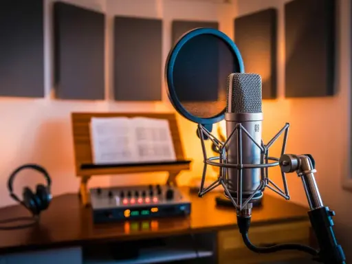 Studio d'enregistrement avec un micro line, un pupitre, des écouteurs et une console de mixage.