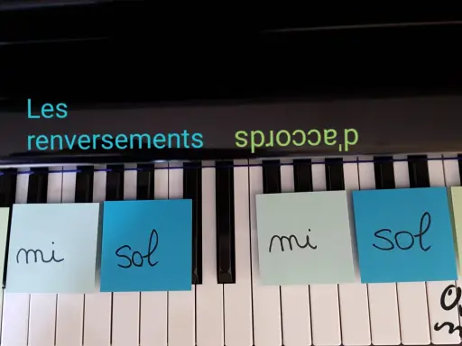 Les renversements d'accords piano expliqués avec des notes sur les touches : do, mi, sol.