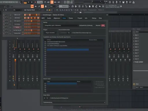 Fenêtre "Paramètres" de FL Studio, onglet "Fichiers". L'utilisateur cherche à mettre FL Studio en français en configurant les chemins des plugins.