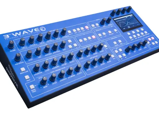 Synthétiseur bleu 3rd Wave, idéal pour apprendre à mixer de la techno. Boutons, molettes et écran pour créer des sons.