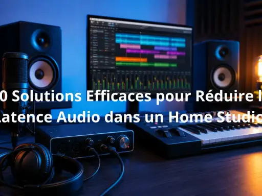 Studio d'enregistrement avec micro, casque, carte son, clavier et écran affichant une piste audio. Idéal pour éviter d'avoir de la latence.