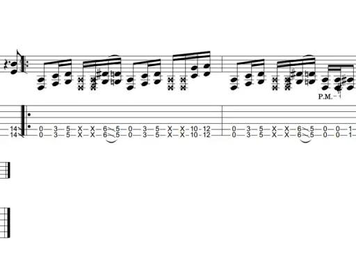 Partition de guitare avec indication de tempo J=90. La tablature montre une séquence de notes, incluant des "X" pour les cordes étouffées, et des indications de "P.M." (palm mute). Le "drop d" est suggéré par la position des notes.