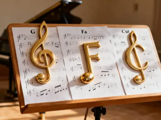 Sur un pupitre, des notes de musique dorées "G", "Fa" et une clef d'ut 4 sur des partitions. Un piano est visible en arrière-plan.