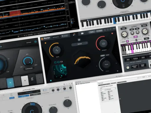Logiciels de production musicale montrant qu'est-ce que l'autotune, avec des claviers virtuels et des réglages de correction vocale.