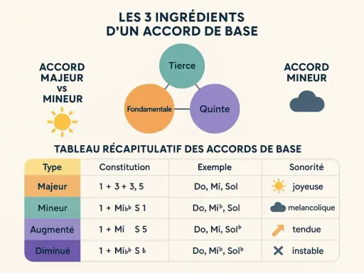 Schéma expliquant les ingrédients d'un accord de base : fondamentale, tierce, quinte. Tableau comparant les accords majeurs et mineurs, leurs constitutions et sonorités.