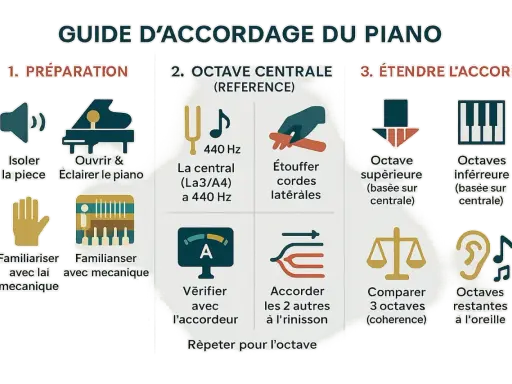Guide pour accorder un piano : préparation, accord de l'octave centrale (La3/A4 à 440 Hz), puis extension de l'accord aux octaves supérieures et inférieures.