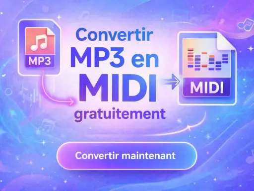 Convertir MP3 en MIDI gratuitement. L'image montre un processus de conversion audio vers MIDI, avec des icônes MP3 et MIDI.