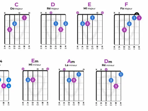 Diagrammes pour apprendre les accords de guitare : A, C, D, E, F, G, Dsus4, Em, Am, Dm.