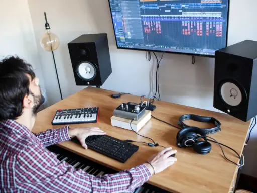 Un homme crée de la musique dans son studio. Il utilise un clavier, un ordinateur et des enceintes pour apprendre comment écrire un son.