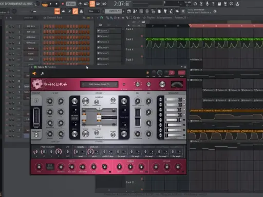 Interface de FL Studio avec le plugin Sakura ouvert, montrant les réglages du piano et les pistes audio.