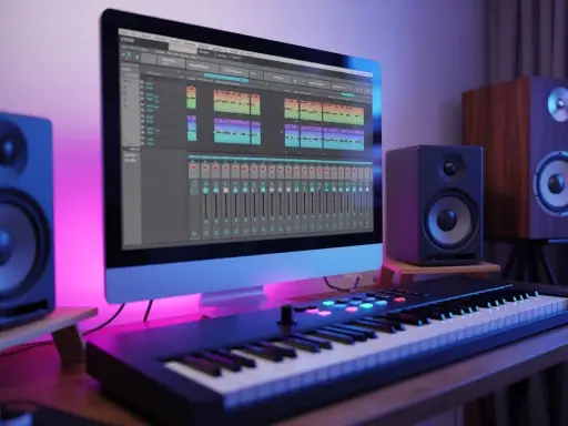 Un **synthétiseur techno** prêt à créer des rythmes. Un écran affiche une table de mixage, des enceintes et des lumières d'ambiance complètent l'espace de création musicale.