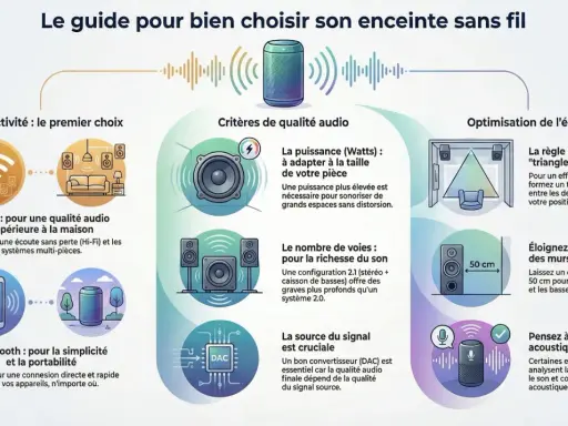 Guide pour choisir une enceinte sans fil : connectivité, critères audio, optimisation. Le mastering audio est clé.
