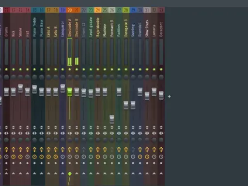 Tableau de mixage avec pistes nommées : "entrée midi", "Vocals", "Drums", "Piano", "Cello", "Electrode", "Machine", "Padilion", "Eurogate", "Swirling", "Rivendell", "Slow Stars", "Lumeria", "Decadent".