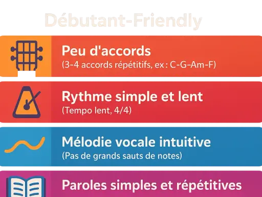 Tableau "Débutant-Friendly" : peu d'accords, rythme simple et lent (tempo lent), mélodie intuitive, paroles simples.