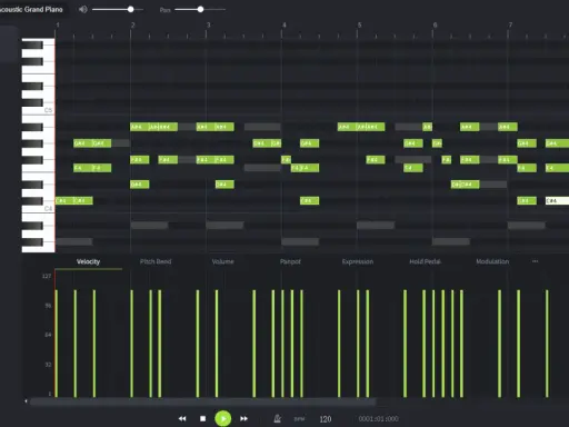 Un piano roll affiche des notes de musique sur une grille, comme des blocs de construction pour une mélodie.