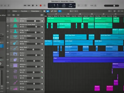 Interface d'un logiciel arrangeur musical gratuit, montrant des pistes audio et MIDI pour voix, guitare, basse, batterie et synthétiseurs.