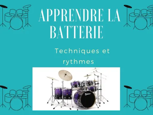 Apprendre la batterie : une composition batterie musique pour maîtriser techniques et rythmes. Une batterie violette Premier est mise en avant.