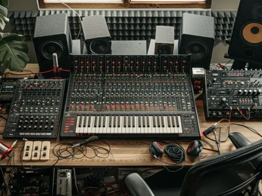 Studio d'enregistrement avec table de mixage, synthétiseurs et enceintes. Un espace dédié au mix audio, prêt à créer des sons uniques.