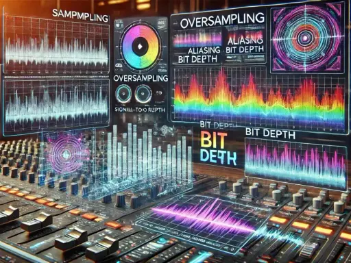 Table de mixage avec écrans affichant des graphiques d'ondes et des indicateurs de signal numérique, tels que le "bit depth" et l'"oversampling".