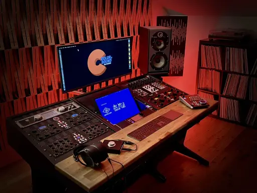 Studio d'enregistrement avec console, moniteurs Focal, casque et platine vinyle. L'équipement est prêt pour un son **lossless audio** parfait.