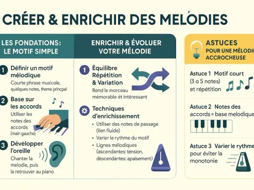 Guide pour créer des mélodies : définir un motif, utiliser les accords et développer l'oreille. Apprenez comment faire des notes de musique accrocheuses.