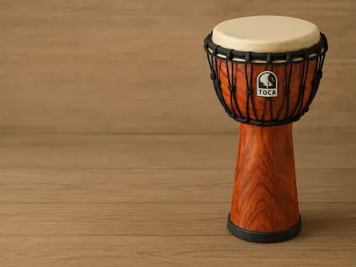Un djembé Toca, un instrument de percussions africaines, repose sur un fond en bois.
