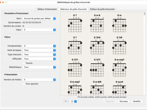 Bibliothèque de grilles d'accords affichant plusieurs diagrammes de notation d'accords de guitare, avec des options de filtrage sur la gauche.