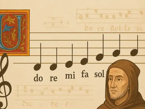 Une note de musique en lettre ornée, un moine pensif et des notes musicales sur une partition ancienne.