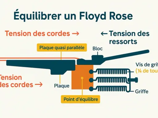 Diagramme expliquant l'équilibre d'un Floyd Rose, montrant la tension des cordes, des ressorts, la plaque et le point d'équilibre.