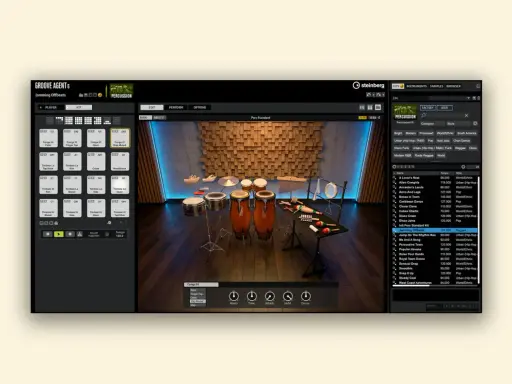 Interface de l'editeur midi Steinberg Groove Agent 6, affichant une batterie et des percussions, avec des options de kit et de style.