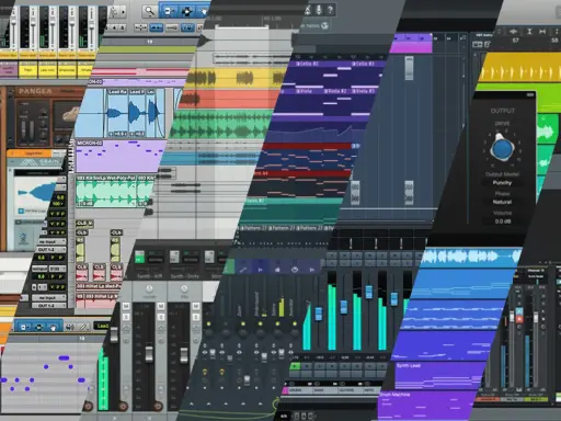 Écrans de logiciels de production musicale, avec des pistes audio, des synthétiseurs et des contrôles de mixage, suggérant le processus de mastering.
