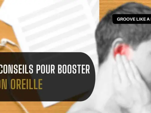 Un homme se tient l'oreille, avec des notes de musique et des écouteurs en arrière-plan. 4 conseils pour booster tes oreilles musicales.