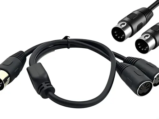 Câble noir avec un connecteur DIN 5 broches et deux connecteurs DIN 5 broches femelles pour une connexion MIDI.