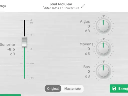 Égaliseur audio avec curseur de sonorité à -8.5 dB et réglages Aigus, Moyens, Bas à 0 dB. Option "Masterisée" activée, suggérant un traitement de dithering audio.