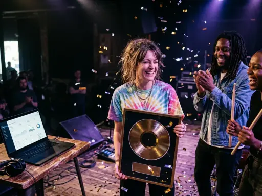 Une artiste souriante reçoit un disque d'or, entourée de musiciens applaudissant. Des confettis tombent, célébrant leur succès à créer un son unique.