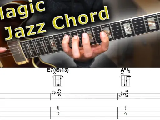 Main de guitariste jouant un accord magique jazz. Diagrammes d'accords et tablatures pour Bø(11), E7(#9b13), A6/9.